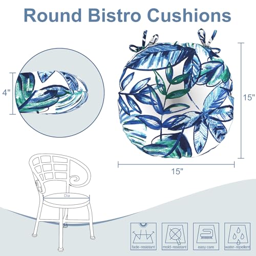 LVTXIII Outdoor Bistro Chair Cushions, 15"x15"x4" Round Patio Chair Cushions, All Weather Tufted Seat Cushions for Patio Furniture Use, Set of 2, Leaves Ink Blue - color: Leaves Ink Blue