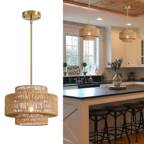 12.4” Boho Rattan Chandelier Light Fixture, 1-Light Hand Woven Pendant Light Fixture Farmhouse Rustic Hanging Lamp for Kitchen Island Bedroom, Dining Room, Living Room, Entryway, Foyer - color: Brown, size: 12.4" 1-Light