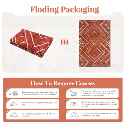 LIVEBOX Western 5x7 Area Rug, Washable Orange Rugs for Living Room Bedroom, Soft Non Slip Moroccan Tribal Rug Geometric Boho Area Rugs Diamond Carpet for Dining Room Home Office Decor (Brick Red) - color: Brick Red, size: 5‘ x 7'