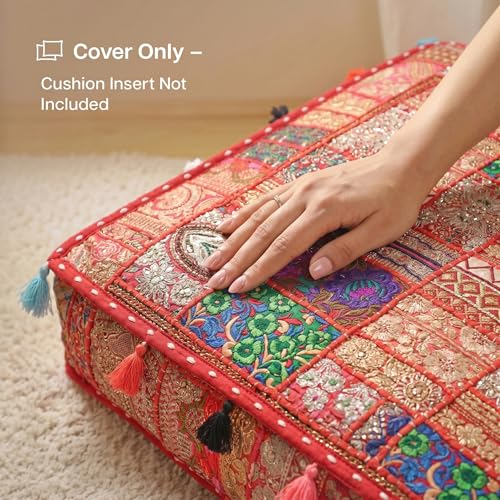 THE ART BOX Cotton Patchwork Vintage Boho Embroidered Floor Pillows & Cushion Cover Dog Pouf Seating Pouf Meditation Pillow Pet Bedding Cat Bed Boho Home Décor (35x35 Inches, Cover Only) - color: Red