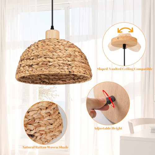 12" Boho Rattan Pendant Lights 1-Light Hand Woven Pendant Light Wicker Light Fixtures Ceiling Hanging for Kitchen Island Bedroom, Living Dining Room,Foyer