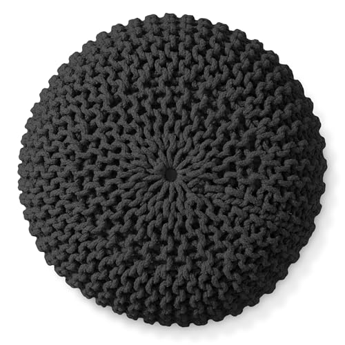 Casafield Round Pouf Ottoman, Black - 20" Diameter x 14.5" High Cotton Knit Foot Stool - Boho Floor Pouffe for Living Room, Bedroom, Home Office - color: Black, size: 20"D x 20"W x 14.5"H