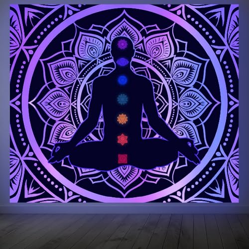 CRAFTYMELODY Meditator Blacklight Tapestry Glow in the Dark Tapestry UV Reactive Mandalas Wall Hanging 59×51 Inch with Hook Self Adhesive Sticker Clip for Bedroom Home Wall Decoration - color: Meditator