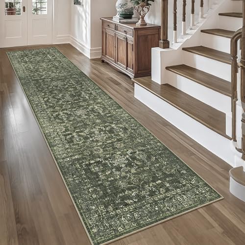 2.6x10 Green Runner Rug Hallway Washable Area Rugs Kitchen Vintage Boho Non Slip Long Rug Floral Carpet Indoor Retro Soft Low Pile Throw Rug for Bedroom Bathroom Laundry Dining Living Room Office - color: Dark Green, size: 2.6' x 10' (Runner)