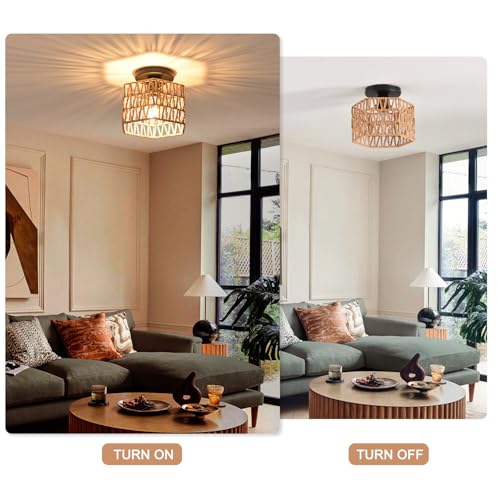 Hand-Woven Rattan Flush Mount Ceiling Light,Farmhouse Light Fixtures Ceiling Mount Boho for Hallway Bedroom Kitchen Entryway Living Room - color: Hexagon 2 Pack
