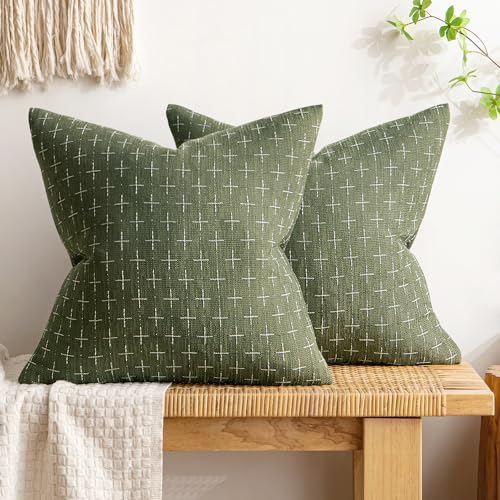MIULEE Pack of 2 Decorative Vintage Burlap Linen Spring Throw Pillow Covers Modern Farmhouse Pillowcase Rustic Woven Textured Cushion Cover for Sofa Couch Bed 16x16 Inch Olive Green - color: Olive Green, size: 16" x 16" (Pack of 2)