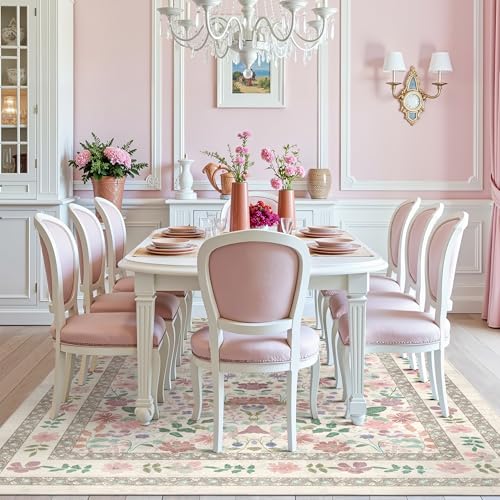 Deerly Floral Area Rugs 5x7 Vintage Boho Washable Non-Slip Living Room Carpet Soft Low Pile Thin Bedroom Floor Mat Indoor for Dining Room Playroom Nursery Farmhouse, Beige/Light Pink/Multi - color: Beige/Light Pink/Multi, size: 5' x 7' (Rectangular)