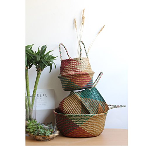 Natural Seagrass Basket - BESTCHANCEUS Seagrass Belly Basket with Handles Handmade Foldable Tote for Storage,Laundry, Picnic, Plant Pot Cover, and Beach Bag Colorful 29x26CM - size: 29x26CM