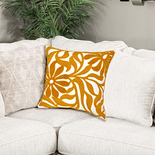 Alysheer Farmhouse Floral Leaves Embroidered Decorative Throw Pillow Cover 18x18 inches, Boho Tufted Flowers Embroidery Pattern Chic Cotton Cushion Case for Couch Bed Sofa Living Room(Mustard Yellow) - color: Mustard Yellow Floral, size: 18" x 18" (Pack o