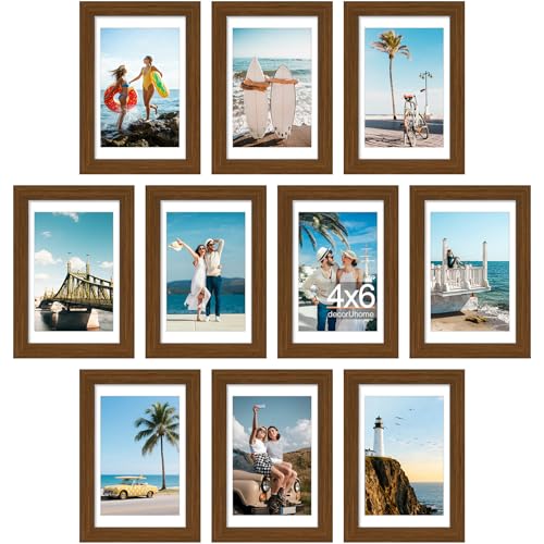 decorUhome 4x6 Picture Frame Set of 10, Display Photos 3.5x5 with Mat or 4x6 Unmatted for Picture Frames Collage Wall Decor, Brown - color: Brown, size: 4x6