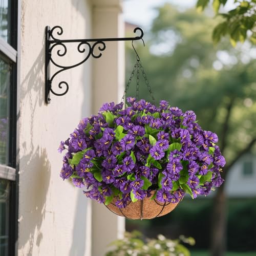 Ammyoo Artificial Hanging Flower Plants with Basket for Spring Summer Outdoor Decoration, Faux Petunias Flowers Fake Morning Glories Planter for Outside Patio Garden Porch Balcony Yard Decor(Purple) - color: Purple