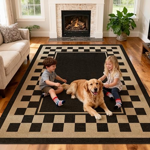 Washable Checkered Easy Jute Rug 5x7, Black Checkerboard Geometric Modern Outdoor Indoor Patio Large Bordered Rug, Woven Thin Carpet for Living Dining Play Room Bedroom Classroom Kids Nursery - color: Checkerboard -1 Black / Nature, size: 5' x 7'