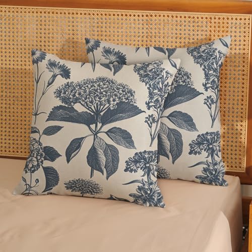 Navy Blue Pillow Covers 16x16 Inch 2 Pcs Boho Vintage Floral Decor Throw Pillows Hydrangea Flower Seasonal Outdoor Farmhouse Neutral Accent Decoration Pillowcase Linen Cushion Cover for Couch - color: Boho Blue Hydrangea, size: 16" x 16" (Pack of 2)