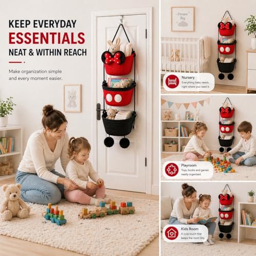 3 Tier Hanging Basket Organizer, Over the Door Woven Storage Baskets with Hooks, Cute Bow Wall Hanging Basket for Nursery Organization, Playroom Storage, Bathroom and Bedroom, Red Black