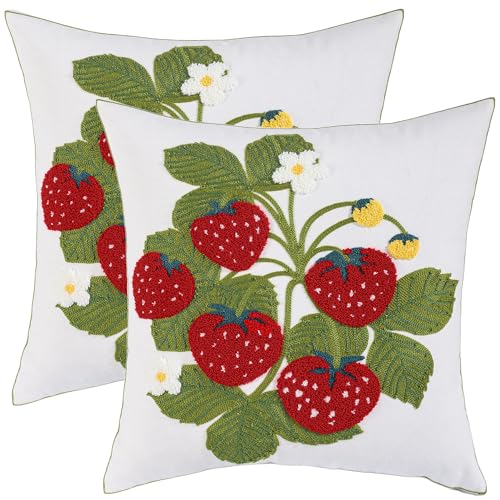Embroidered Throw Pillow Covers 18x18 inch Pack of 2 Red Strawberry with Green Leaves Floral Pillowcases Farmhouse Pillow Cushion Cases Summer Home Decor for Sofa Bed Living Room - color: Red Strawberry