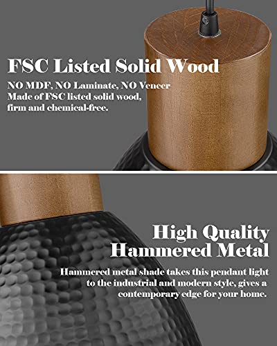 ELYONA Hammered Pendant Light, 10.2” Industrial Hanging Lamp with Solid Wood & Metal Shade, Modern Pendant Light Fixtures for Kitchen Island, Bar, Farmhouse Dining Room, Bedroom, Living Room, Black - color: Black - 1 Pack