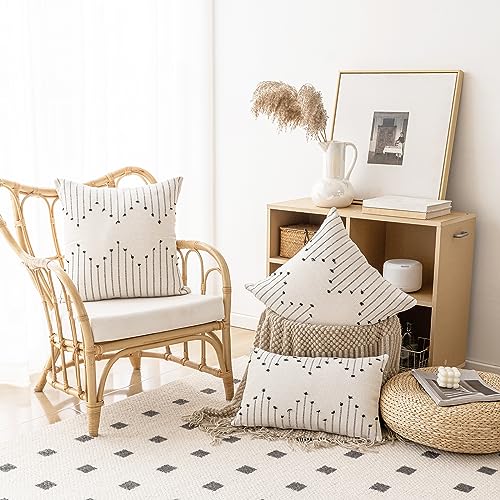 LILEPOY Boho Throw Pillow Covers 18x18 Set of 2 Neutral Decorative Textured Cushion Case Farmhouse Pillowcase Modern Square Pillow Covers for Sofa,Couch, Living Room,Beige and Black - color: Beige and Black, size: 18" x 18" (Pack of 2)