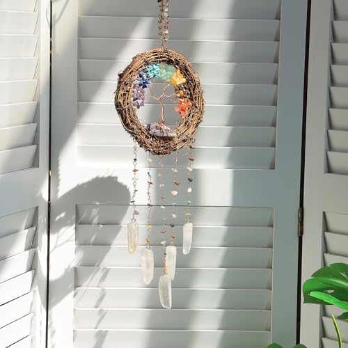 Dream Catcher - Dreamsum 7 Chakra Tree of Life Dream Catcher Native Boho Dreamcatcher Rattan Wall Decor, Handmade Natural Rattan Brown Crystal Hanging Decor for Bedroom Living Room (Dark Brown) - style: Rattan-Crystal