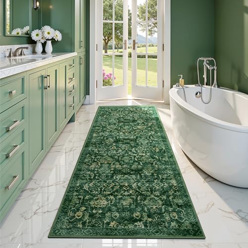 Dark Green 2x6 Runner Rug for Hallways Bed Side Kitchen, Boho Washable Distressed Low-Pile Floor Entryway Long Bathroom Mat, Non-Slip Laundry Room Washstand Front Carpet Green 24x72 Inch - color: Dark Green, size: 2'x6'