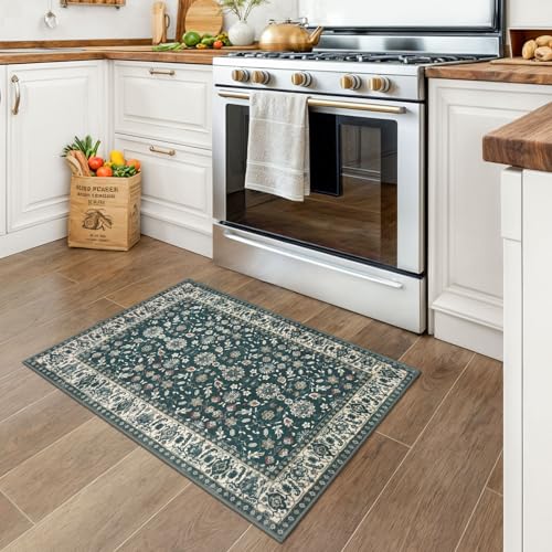 KUTA Vintage 2x3 Rugs for Entryway, Non-Slip Washable Kitchen Area Rug & Indoor Door Mat with Floral Print, Green Beige Ultra Thin Soft Low-Pile Throw Rug for Front Door, Bedside, Small Spaces - color: Green Beige, size: 2' x 3' (Rectangular)