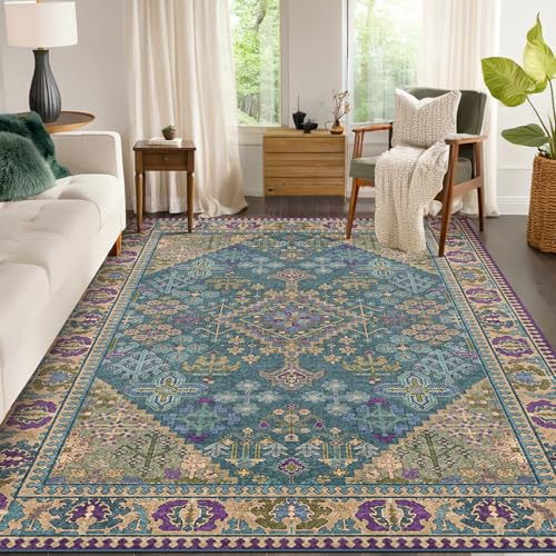 5x7 Area Rugs for Living Room, Machine Washable Low Pile Rug, Non Slip Backing Boho Rugs for Bedroom, Printed Soft Vintage Carpet Teal Green Purple 5 x 7 - color: 15/Teal/Harvest Gold/Violet/Azure, size: 5' x 7' (Rectangular)