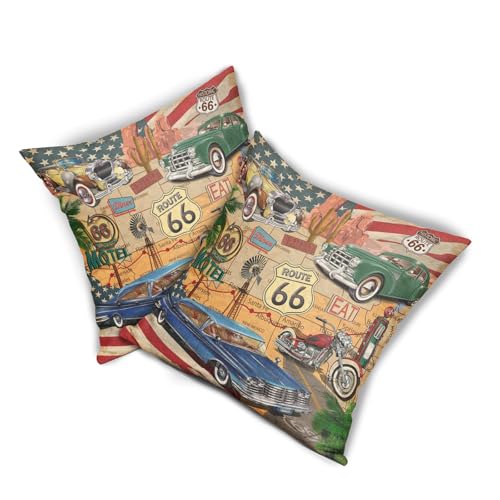 Antique Car Pillow Covers 16x16 Inch Set of 2 Classic Old Car Cotton Linen Decorative Throw Pillow Case Route 66 Motorcycle Cushion Cover for Bedroom Sofa Living Room Chair Home Decor - color: Antique Car, size: 16" x 16" (Pack of 2)