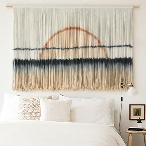 Jakalin Macrame Wall Hanging Large Sunset Dip Dye Boho Tapestry Handmade Woven Cotton Wall Art for Bedroom, Living Room, Above Bed Neutral Modern Minimalist Decor 57" Wx35 L - color: Black and Brown