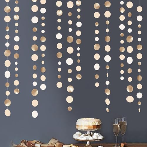 Champagne Gold Party Decorations Circle Dots Garland Gold Neutral Nude Neutral Cream Beige Boho Hanging Polka Dot Streamer for Bridal Shower Birthday Wedding Engagement Baby Shower Party Supplies - color: Champagne Gold