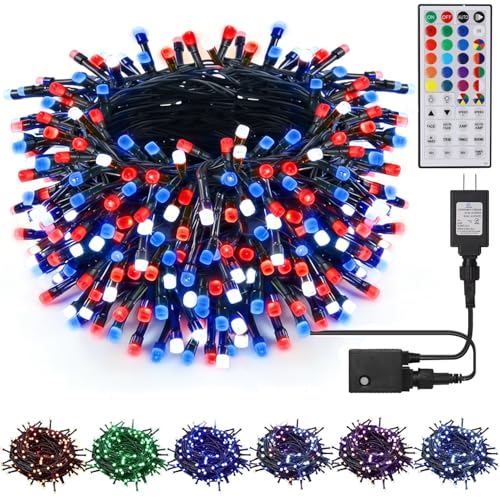 LJLNION 98.5ft Christmas Lights Color Changing with Remote, 300 LED RGB Fairy String Lights Halloween Decorative Lights, 8 Lighting Modes & Timer, Plug in Indoor Outdoor Xmas Wedding Party Decor - color: RGB (Red, Green, Blue)