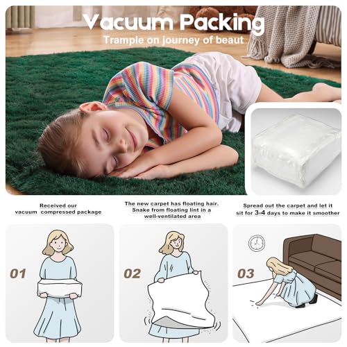 2x3 Dark Green Rugs for Bedroom Living Room, Fluffy Small Area Rug Soft Shag Carpet for Kids Boys and Girls Room with 4 Rugs Non-Slip Stickers Dorm Home Decor (2ft x 3ft) - color: Dark Green, size: 2' x 3' (Rectangular)