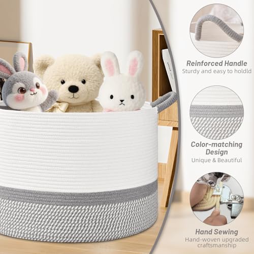 67L Large Blanket Basket, 20"x13" Blanket Basket Living Room, Woven Baskets With Handle, Toy Baskets for Blankets, Nursery, Dog, Pillow, Gift (White & Light Grey) - color: White & Light Grey, size: 67L
