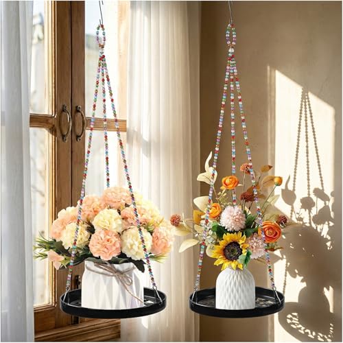 2-Pack Modern Boho Macrame Plant Hanger, 10/11 Inch Metal Hanging Planter Holder for Indoor and Outdoor Home Garden Decor, Black Hanging Plant Shelf for Window, Wall, and Ceiling. (Garden, 10/11) - style: Garden