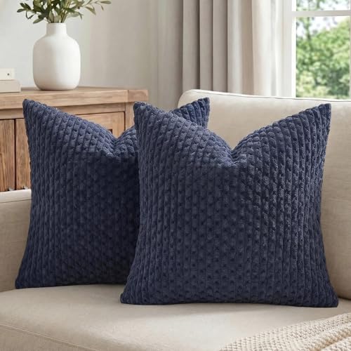 Fancy Homi 2 Packs Navy Blue Decorative Throw Pillow Covers 18x18 Inch for Couch Bed Sofa, Modern Farmhouse Boho Home Decor, Soft Cute Plush Corduroy Cushion Case 45x45 CM - color: Navy Blue, size: 18" x 18" (Pack of 2)