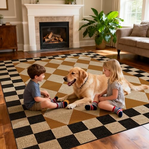 Washable Checkered Easy Jute Rug 5x7, Brown Black Checkerboard Geometric Modern Outdoor Indoor Patio Large Rug, Woven Thin Carpet Mat for Living Dining Play Room Bedroom Classroom Kids Nursery - color: Checkerboard -4 Brown Black, size: 5' x 7'