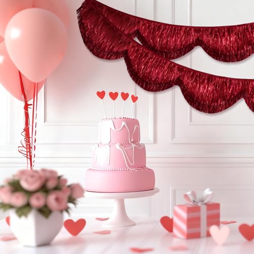 FYSUIMU 6.6 Ft Burgundy Scalloped Banner Hanging Layered Sparkly Fringe Garland for Wine Birthday Wedding Bachelorette Party Backdrop Decor - color: Burgundy Red