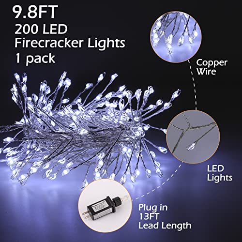 Minetom Fairy Lights Plug in, 10Feet 200LED Cluster String Lights, Silver Wire Waterproof Starry Firecracker Lights for Ceiling Bedroom Wreath Window Wedding Christmas Tree Decorations, Pure White - color: Pure White, size: 1 Pack(200LED)
