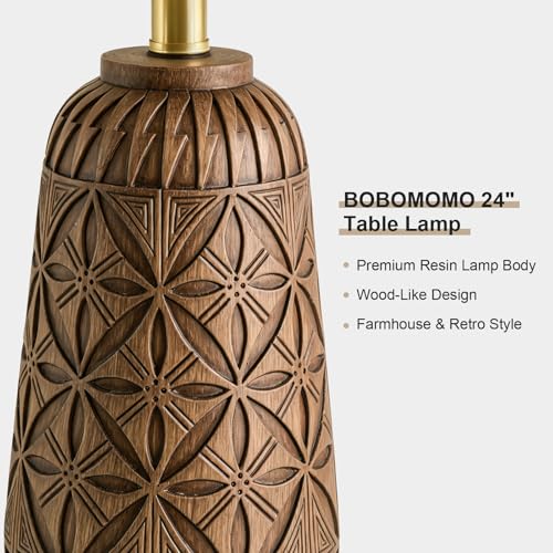 BOBOMOMO 24" Modern Farmhouse Table Lamp, Geometric Hand-Carved Resin Bedside Lamp with Wood Grain Finish, Rustic Nightstand Lamp for Bedroom & Living Room, Cottage Decor, Rotary Switch - size: 24"