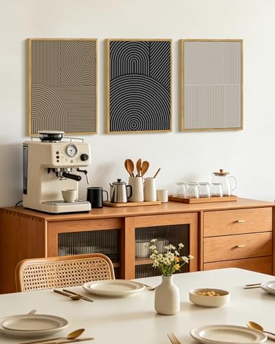 KUVIOKE Minimalist Abstract Boho Framed Wall Art Modern Mid-Century Bohemain Neutral Line Wall Decor Geometric Artwork Bedroom Decor 12x16in (Natural Framed) - color: Mid Century, size: 12 x 16in x 3 Panels Natural