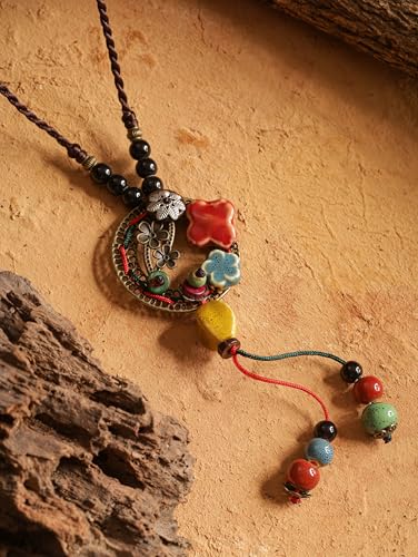 MINACHI Vintage Bohemian Colorful Ceramic Bead Antique Flower Y Necklace, Vintage Boho Hippie Statement Jewelry Gift for Women - color: S05