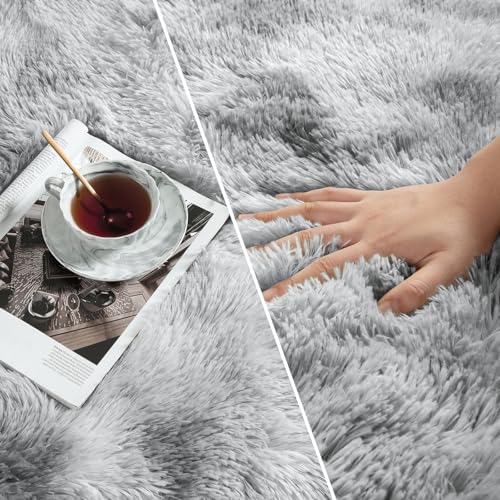 Deerhoo Large Shag Area Rugs 9 x 12, Tie-Dyed Plush Fuzzy Rugs for Living Room, Ultra Soft Fluffy Furry Rug for Bedroom, Indoor Carpet Nursery Rugs for Kids Room Home Decor, Light Grey - color: Tie-dyed Light Grey, size: 9' x 12' (Rectangular)