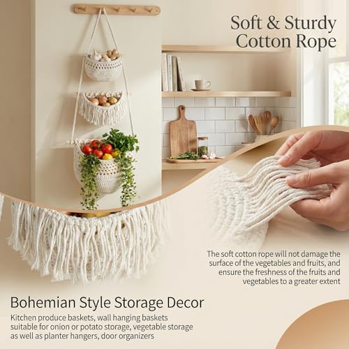 3 Tier Hanging Fruit Basket, Jute Wall Baskets, Hanging Produce Baskets for Storage Fruits and Vegetables, Hang Basket Wall for Kitchen, Bedroom, Bathroom (White) - color: White, size: 3 Tier / Standard