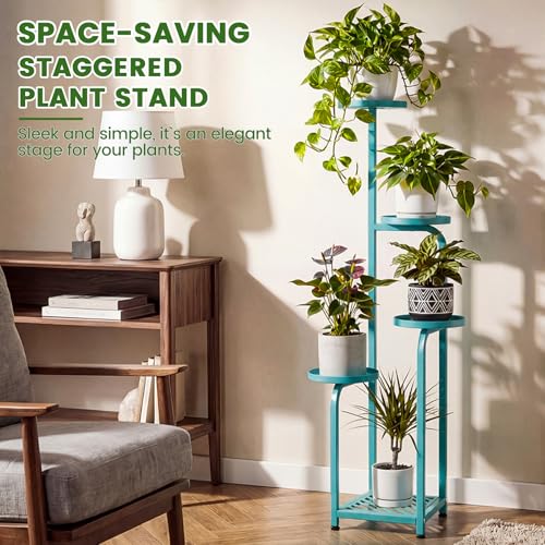 TOSKING 5 Tier Tall Plant Stand Indoor Outdoor,Anti-Tip Plant Stand indoor, Wide Base for Pots, Child and Pet Friendly,Heavy Duty Corner Shelf for Plants & Decor, Space Saving ,Tiered Metal Flower Pot Stand for Balcony, Garden, Living Room, Patio (Blue, 4