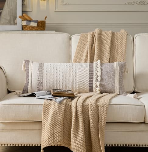 Caflife Boho Lumbar Throw Pillow Cover 14X36 Long Decorative Pillows for Bed, Coffee Beige Woven body Pillow Cover for Farmhouse Chair Sofa Bedroom Living Room Home Decor Couch Cushion Case, Pack of 1 - color: Coffee Beige, size: 36" x 14" (Pack of 1)