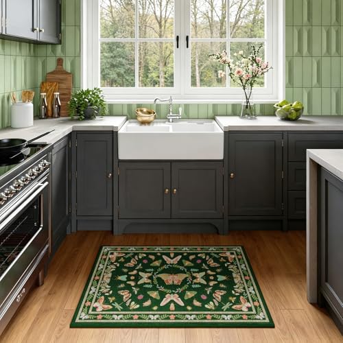 Unirea 2x3 Small Dark Green Washable Area Rug, Door Mat Indoor Entrance Insect Rug, Non Slip Thin Area Rugs, Soft Boho Bug Entryway Rug for Kitchen, Bathroom, Bedroom, Laundry Room, Low Pile Carpet - color: Dark Green, size: 2'x3'