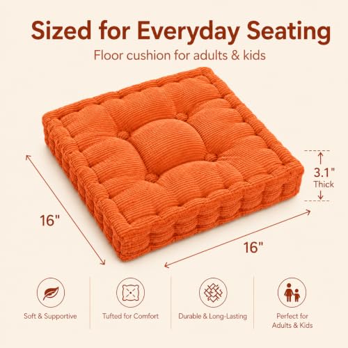 ChezMax Floor Pillow & Cushion, Large Meditation Chair Cushions, Thick Square Seat Pad, Soft Velvet Tufted Seating Pouf for Indoor/Outdoor Yoga Bench Rocking Chair Room Tatami Sofa, Orange 16" x 16" - color: Orange S