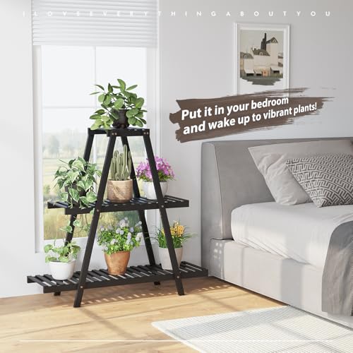 STDDRE Plant Stand For Indoor Outdoor Tiered Plant Shelf 3 Tier 8 Potted Bamboo Flower Holder Ladder Rack For Multiple Triangle Table Plant Pot Stand (Black) - color: Black