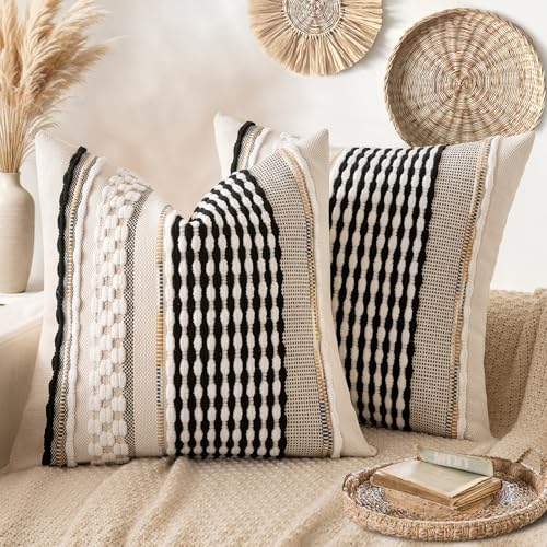 ANRODUO Pack of 2 Boho Decorative Throw Pillow Covers 18x18 Farmhouse Cushion Case Striped Chenille Pillow Cases Square Pillow Covers Accent Neutral Pillowcase for Sofa Couch Bed, Black-White Stripe - color: Black-white Stripe, size: 18" x 18" (Pack of 2)