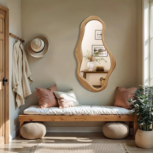 LuxenHome Asymmetrical Wall Mirror, 22"x 39" Natural Irregular Mirror for Wall Decor with Wood Frame, Wall Mirrors Decorative for Living Room, Bathroom, Bedroom, Dining Room, Entryway - color: Natural Wood