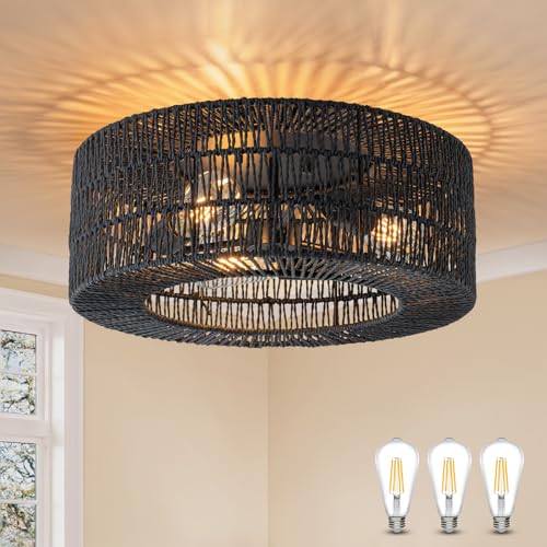SineRise Flush Mount Ceiling Light (18-Inch, LED Bulb Included), Hand-Woven Boho Rattan Ceiling Light Fixture, Rattan Chandelier for Hallway Kitchen Farmhouse Foyer Entryway Living Room(Black) - color: Black, size: Large