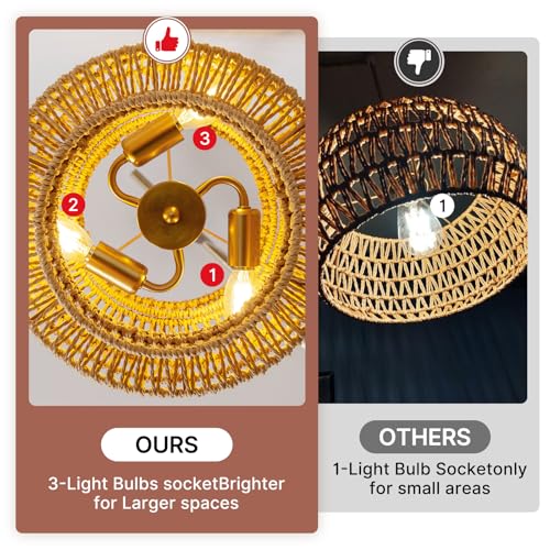 MODIVO 3-Light E12 Boho Rattan Chandelier, 12.6 Inch Hand Woven Farmhouse Pendant Light for Kitchen Island, Dining Room, Bedroom, Rustic Hanging Lamp, Living Room, Entryway, Foyer